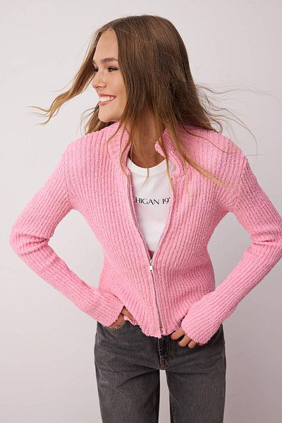 Trendyol Collection Pink Zipper Stand Collar Soft Textured Cotton Knitwear Cardigan Twoaw26Hi00088