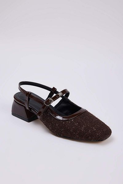 TRENDYOL SHOES Дамски обувки Mary Jane с кафяв туид и квадратен връх, на ток TAKSS25TO00023