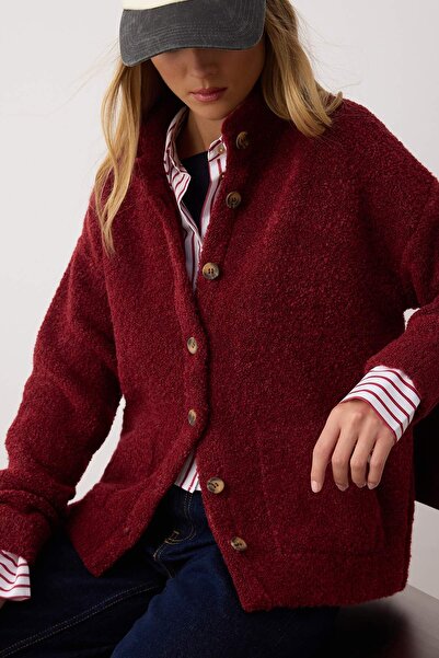 Trendyol Collection Burgundy Boucle/Textured Yarn Wide Fit Coat Look Knitwear Cardigan Twoaw26Hi00207