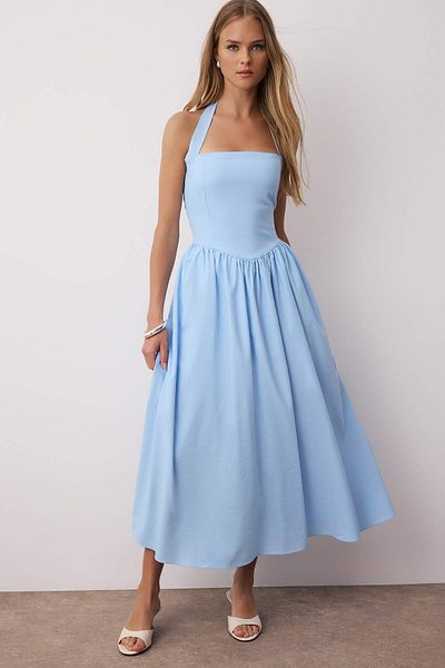Trendyol Collection Blue Halterneck Wide Poplin Maxi Woven Dress Twoss25El00881