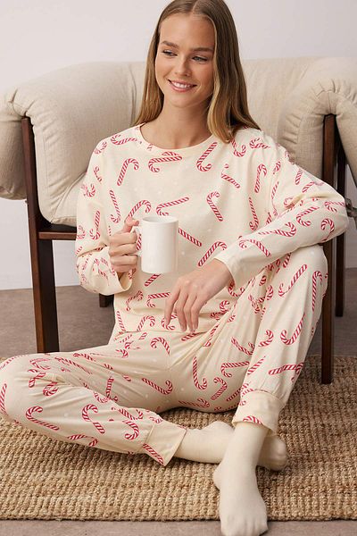 Trendyol Collection Бежевий 100 бавовняний різдвяний комплект піжами Orme THMAW21PT0771