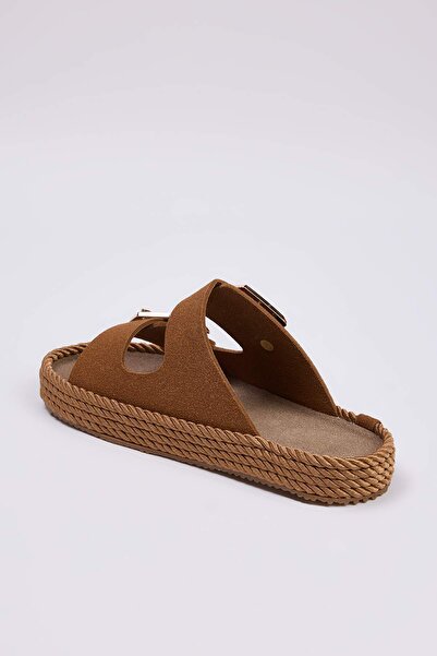 TRENDYOL SHOES Papuci de damă cu talpă groasă, cu cataramă antică, cu bandă dublă, maro, TAKSS25SD00073