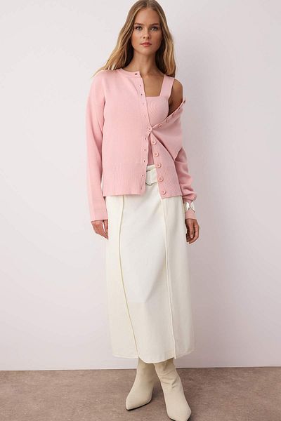 Trendyol Collection Ροζ 2 τεμαχίων Premium νήματα/Προσαρμοσμένα νήματα Crew λαιμόκοψη Basic Knitwear Ζακέτα-Μπλούζα Σετ TWOAW26HI00124