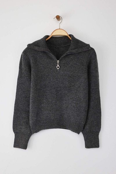 Trendyol Collection Anthracite Wool Premium Yarn/Special Yarn Zippered Basic Knitwear Sweater Twoaw26Kz00071