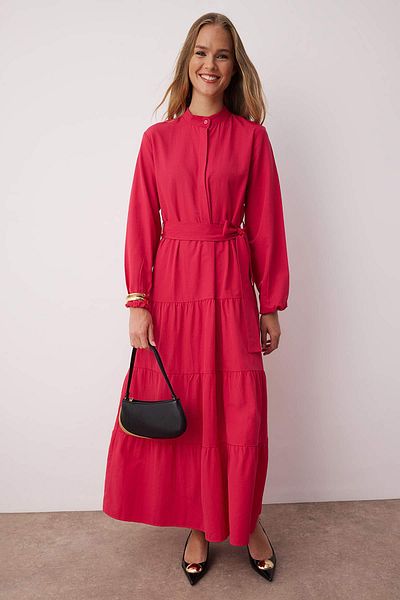 Trendyol Modest Dark Pink Belted Chief Collar Button Detail Woven Dress TCTSS21EL3343