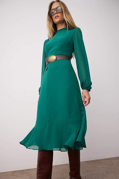 Trendyol Collection Χειμερινό φόρεμα μίντι σιφόν με πράσινη γραμμή - όρθιος γιακάς TWOAW20EL1313