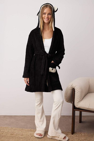 Trendyol Collection Wellsoft Winter Knitted Dressing Gown - Black, Belted, Animal Figure, Pocket, and Hooded Thmaw21Sb0002