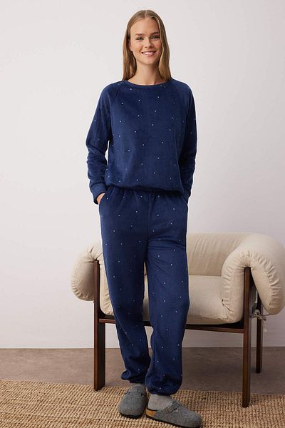 Trendyol Collection Set de pijamale tricotate de iarnă din lână cu buline bleumarin THMAW24PT00032