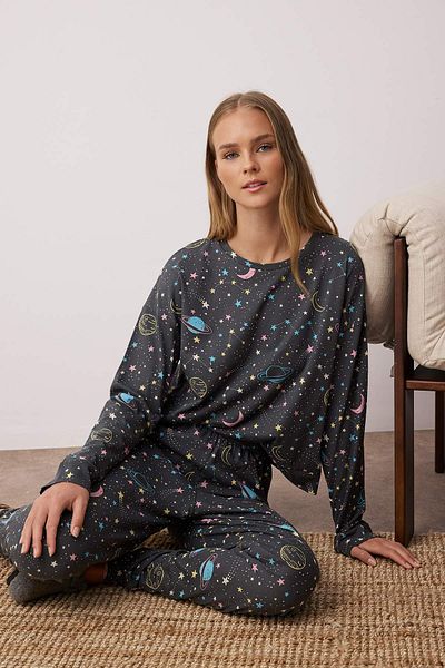 Trendyol Collection Galaxy Patterned Anthracite Knitted Pajama Set - 100% Cotton Thmaw21pt0794