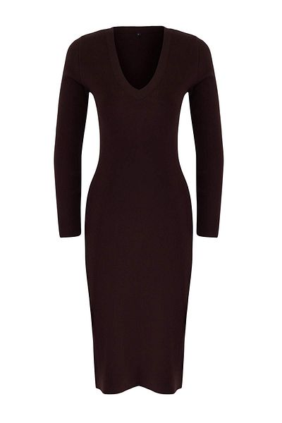 Trendyol Collection Καφέ Mercerized Look Premium νήματα/Προσαρμοσμένο νήματα με λαιμόκοψη V Midi πλεκτό φόρεμα TWOAW26EL00007