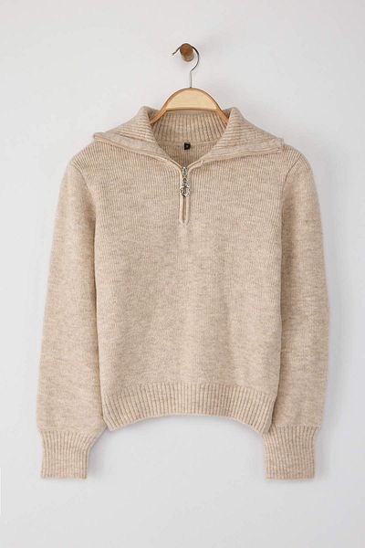 Trendyol Collection Stone Wool Premium Yarn/Special Yarn Zipper Basic Knitwear Sweater Twoaw26Kz00071
