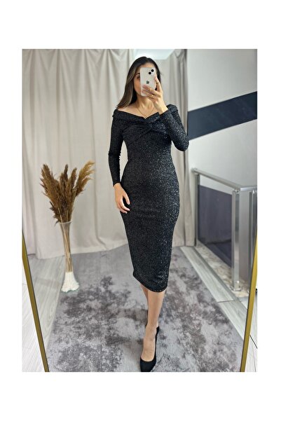 Starmount Butik Siyah Madonna Yaka Simli Elbise