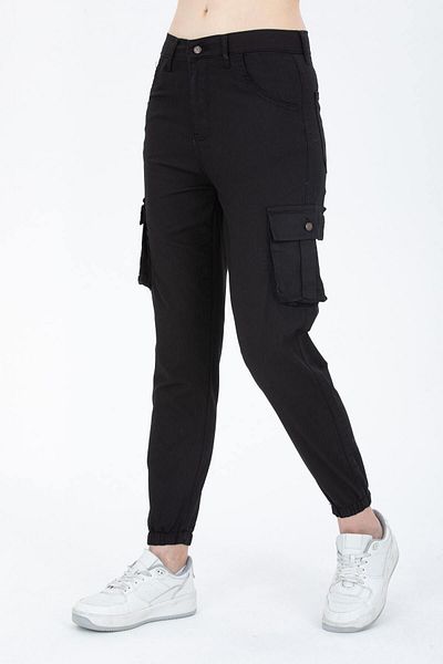 comstar Women's Cargo Pocket High Waist Narrow Leg Black Trousers