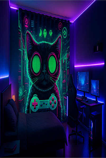 ALAMODECOR Yeşil Pembe Gamer Kedi Model Tek Kanat Genç Odası Fon Perde