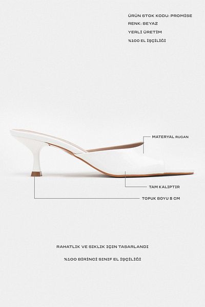 NİŞANTAŞI SHOES Papuci de damă cu toc subțire din piele lacuită albă Promise