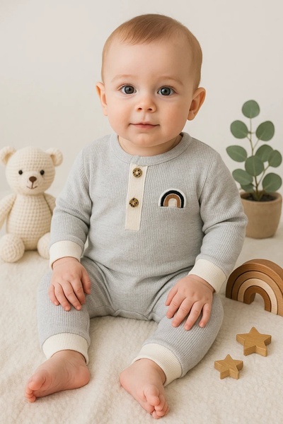 CNDR 3-9 Months Baby Boy Rompers Waffle Rainbow Embroidered Gray