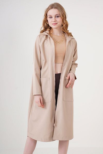comstar Women's Hooded Water Repellent Zipper Cream Long Trench Coat