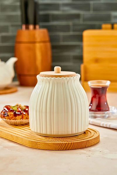 Woodcept Single Porcelain Daisy Model Wooden Vacuum Lid Storage Jar for Tea, Sugar, Salt, Coffee