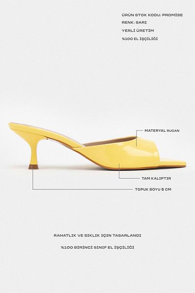 NİŞANTAŞI SHOES Papuci de damă cu toc subțire din piele lacuită Promise galbenă