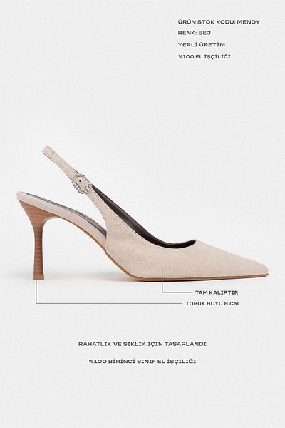 NİŞANTAŞI SHOES Mendy Bej din piele intoarsa cu detaliu curea cu varf ascutit Pantofi de dama cu toc
