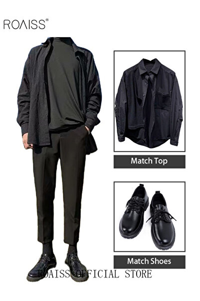 ROAISS Men's Suit Pants Straight-Leg Slacks Cropped Pants with Elastic Waist and Good Hang Down Feeling