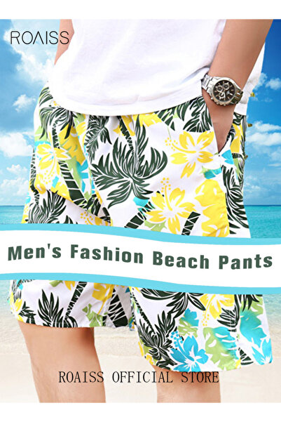 ROAISS Men's Beachwear Quick Dry Beach Pants Swimming Trunks Leaves Pattern Casual Shorts