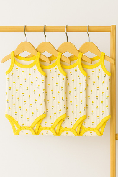 morpi Baby 4'lü Sarı Minik Çiçek Desenli 0-12 Ay Zıbın, Body