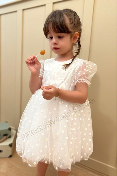 penu baby kids Beyaz Çiçek Desenli Tül Etekli Ve Kısa Tül Kol Kız Bebek & Kız Çocuk Elbise - Flower
