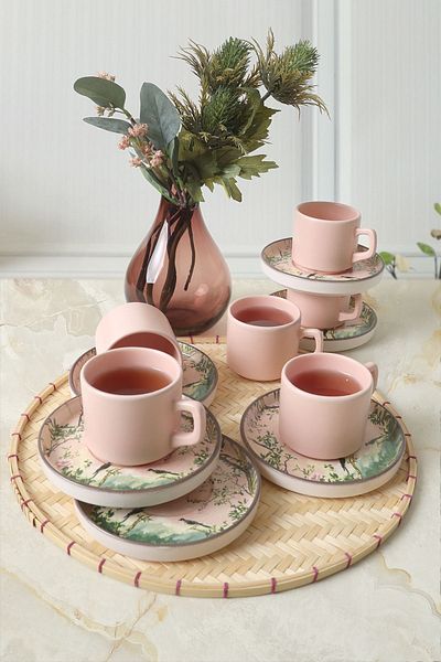 Keramika Σετ τσαγιού Pink Woods Stackable 12 τεμαχίων για 6 άτομα 22641