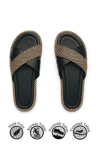 İmerShoes Daily Women's Black Straw Cross Band Soft Stitched Sole Lightweight Summer Comfortable Slippers 065