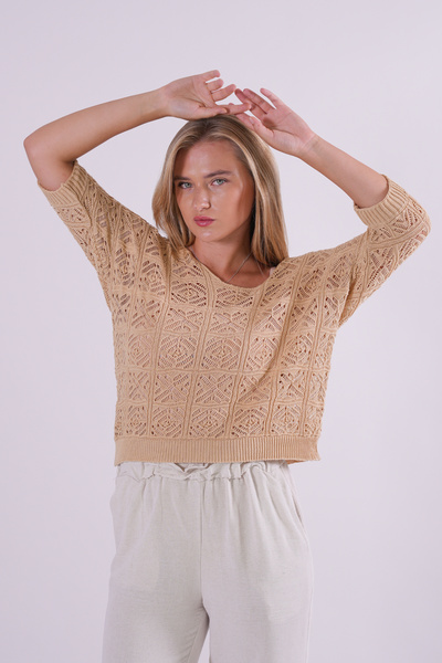 Wearified Knitwear Blouse Summer Pullover Lace Openwork Ethnic Pattern Bat Sl...