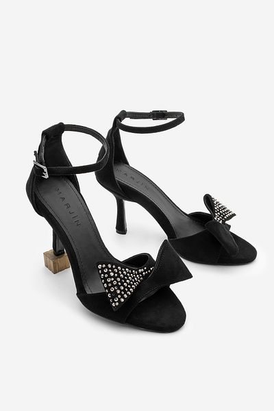 Marjin Women's Bow Detailed Stone Ankle Strap Heeled Sandals Tevole Black Suede