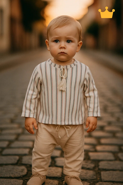 Babyhola طقم بنطلون قميص كتان بناتي ولادي 1751