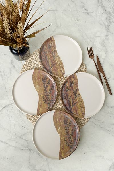 Keramika 22 cm 4 bucăți Terra Leaf Farfurie nordică pentru tort 22969-70