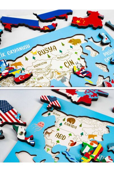 Genel Markalar Ahşap Dünya Haritası Bayraklı Puzzle Montessori Puzzle