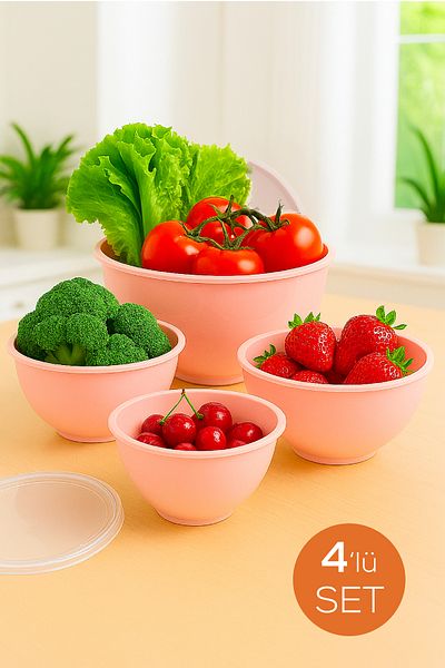Vienev Set of 4 Round Bowls Pink |   1L, 1.5L, 2.3L, 3.3L |   Multi-Purpose Kitchen Storage Container with Lid