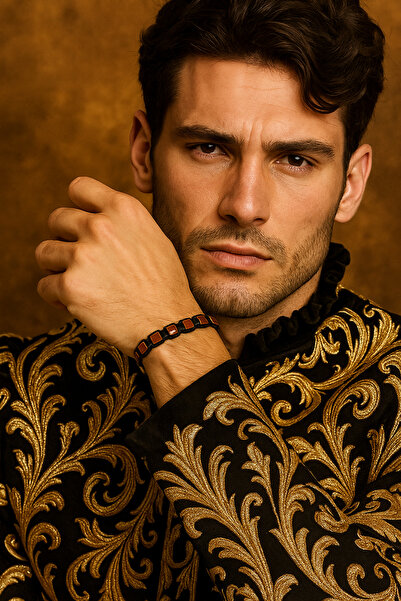 Puffy Men's Macrame Bracelet – Red Jaspis Natural Stone & Black Rope