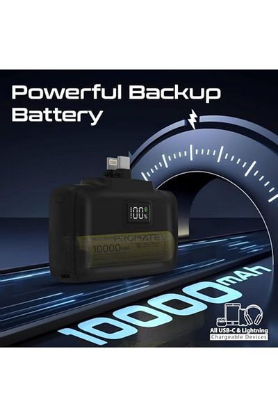 Promate Power Bank, 10000mAh Compact Power Bank with 20Watt USB-C™ In/Out Foldable Connector, 20Wa