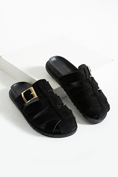 diclepolat Patter Black Suede Belt Buckle Detailed Flat Sole Women's Slippers
