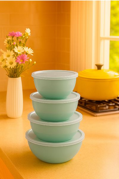 Vienev Set of 4 Round Bowls Mint Green |   1L, 1.5L, 2.3L, 3.3L |   Multi-Purpose Kitchen Storage Container with Lid