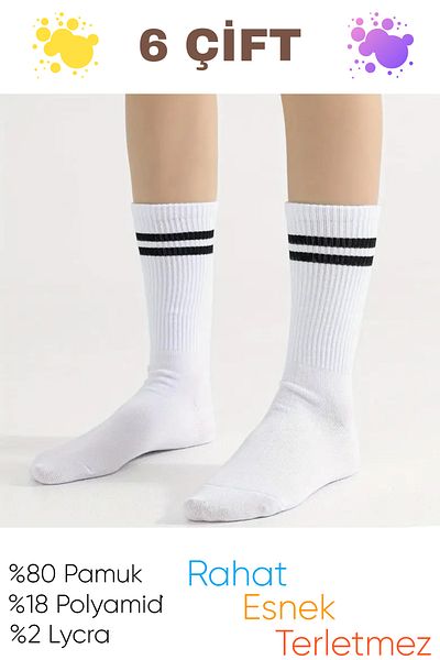 İbrahim Berk 6 Pairs Long Men's Sports Socks White Black Striped Patterned Tennis Socks Sports Socks