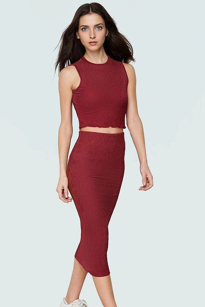 PayBuy Cinnamon Textured Fitted Midi Knitted Blouse Skirt Set Casual Style High Quality Distinguished Material Long Lasting
