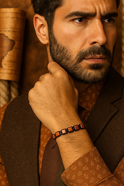 Puffy Men's Macrame Bracelet – Red Jaspis Natural Stone & Black Rope