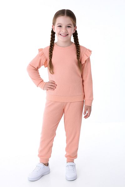 minikiss Cotton Ruffled Shoulder Tracksuit Bottom Top Girl's Two-Piece Set