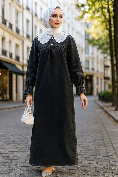 Neva Style Βρεφικό γιακά Τζιν Ανθρακί Hijab Φόρεμα 19120ANT