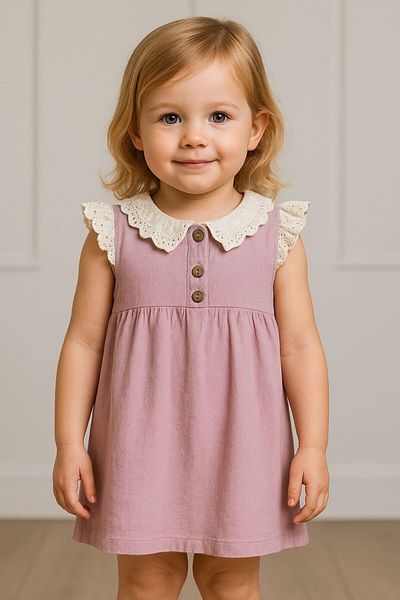 Baby Lace Detail Linen Thin Summer Lila Colored Girl's Dress for Eid