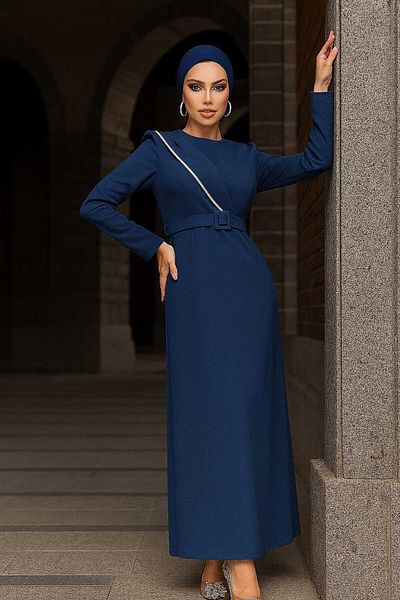 Neva Style Βραδινό φόρεμα με αγκράφα Indigo Blue Hijab 664ım