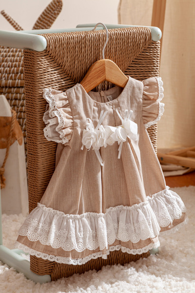 Babydola Bayramlık Keten Kız Bebek Çocuk Elbise 12787
