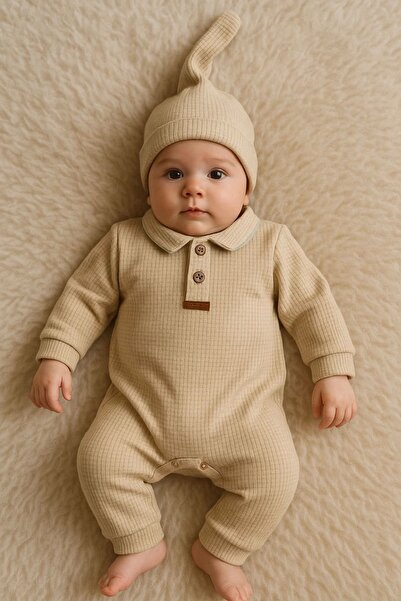 candar Waffle Patterned Collared Baby Boy Jumpsuit 100% Cotton