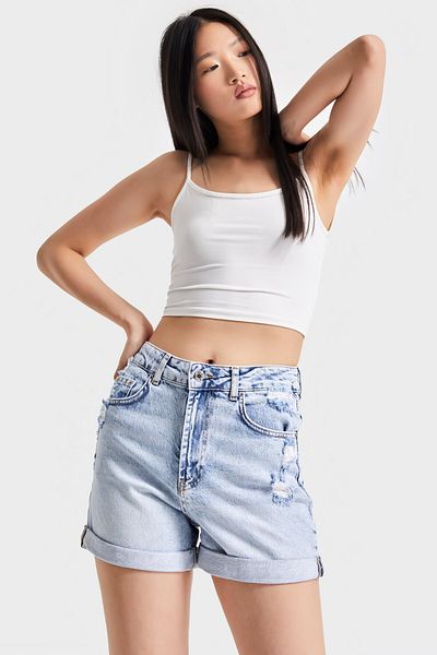 its basic Women's Snow Denim Color 12S5-3 Midi Length Ripped Detailed Double Leg 100% Cotton Denim Shorts